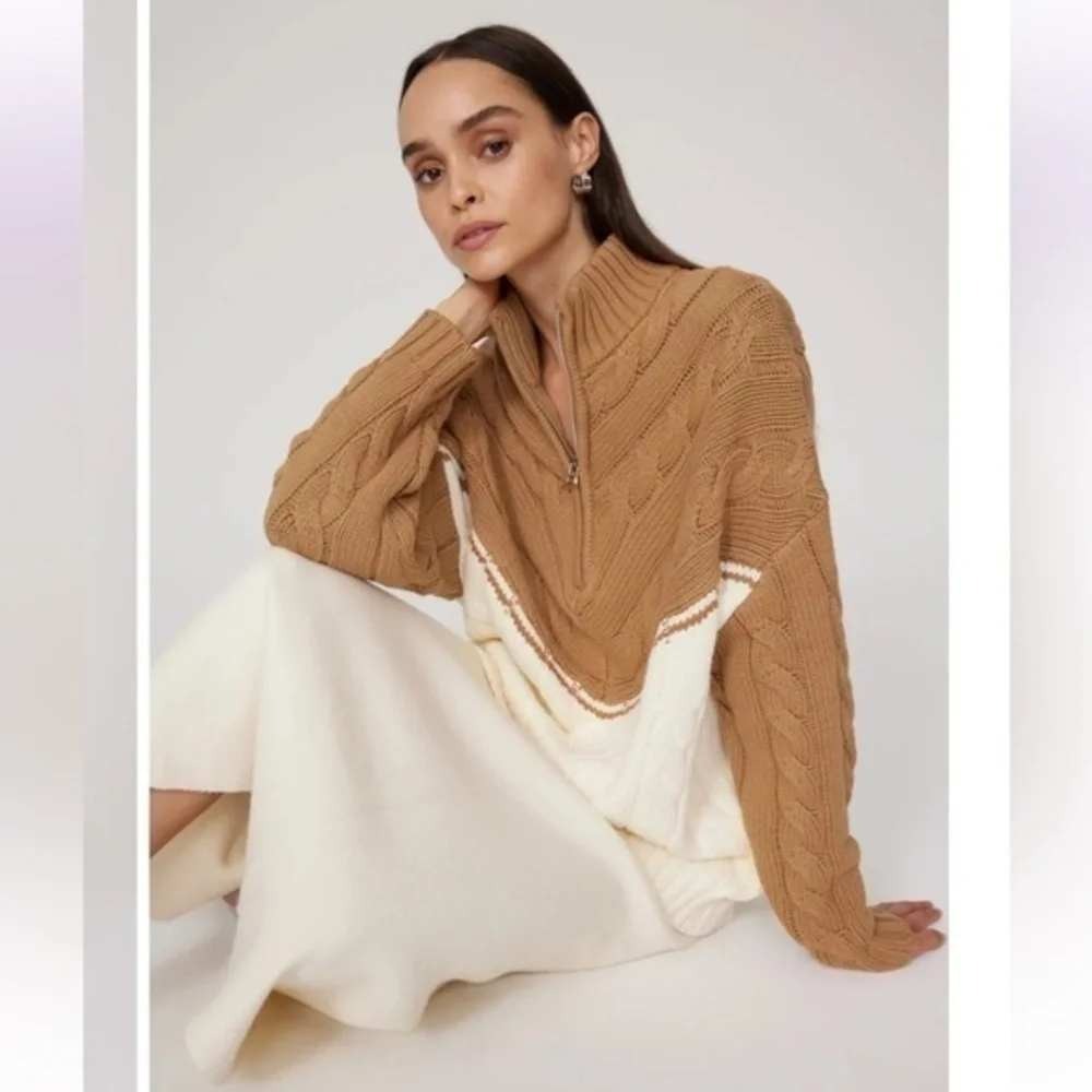 STAUD Hampton Tan and Cream Chunky Thick Cable Knit Sweater Size MEDIUM